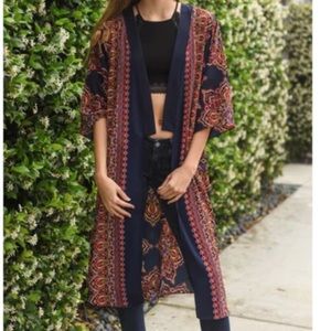Morocco Print Kimono 3/4 Sleeve  Red & Navy Multi Color Open Front Size One Size